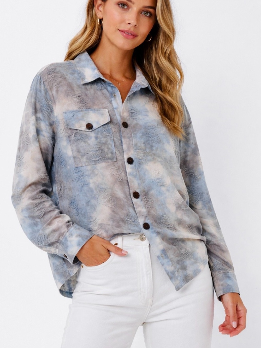 HAILEY & CO. Tie Dye Frayed Grey & Blue Women's Button Down Shirt